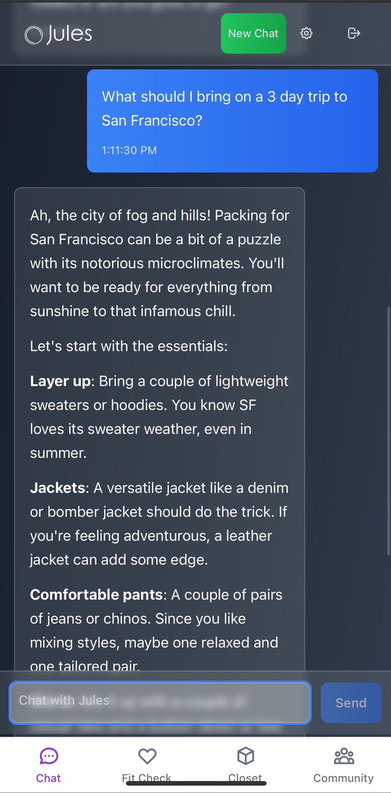 Jules chat answering what to bring for a 3-day trip to San Francisco