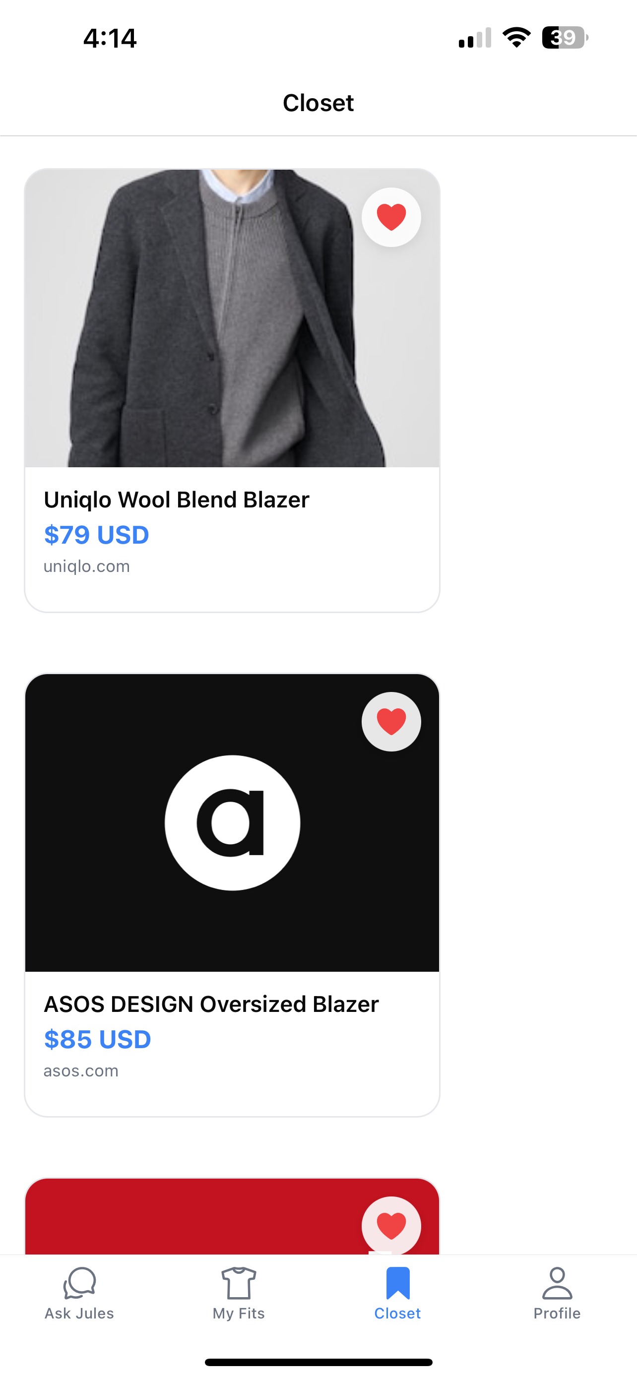 My Closet screen with clothing cards and tags
