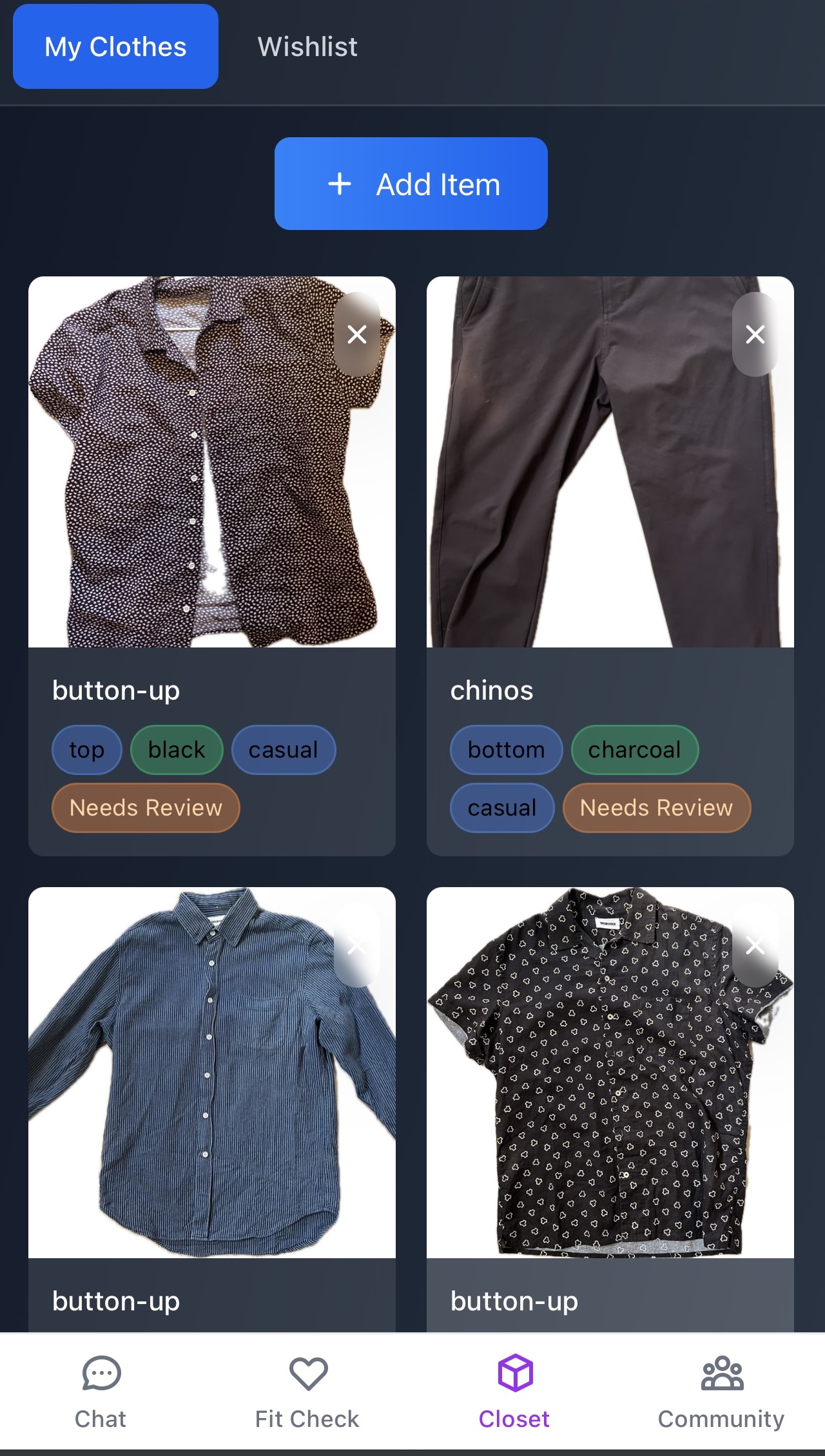 My Closet screen with clothing cards and tags