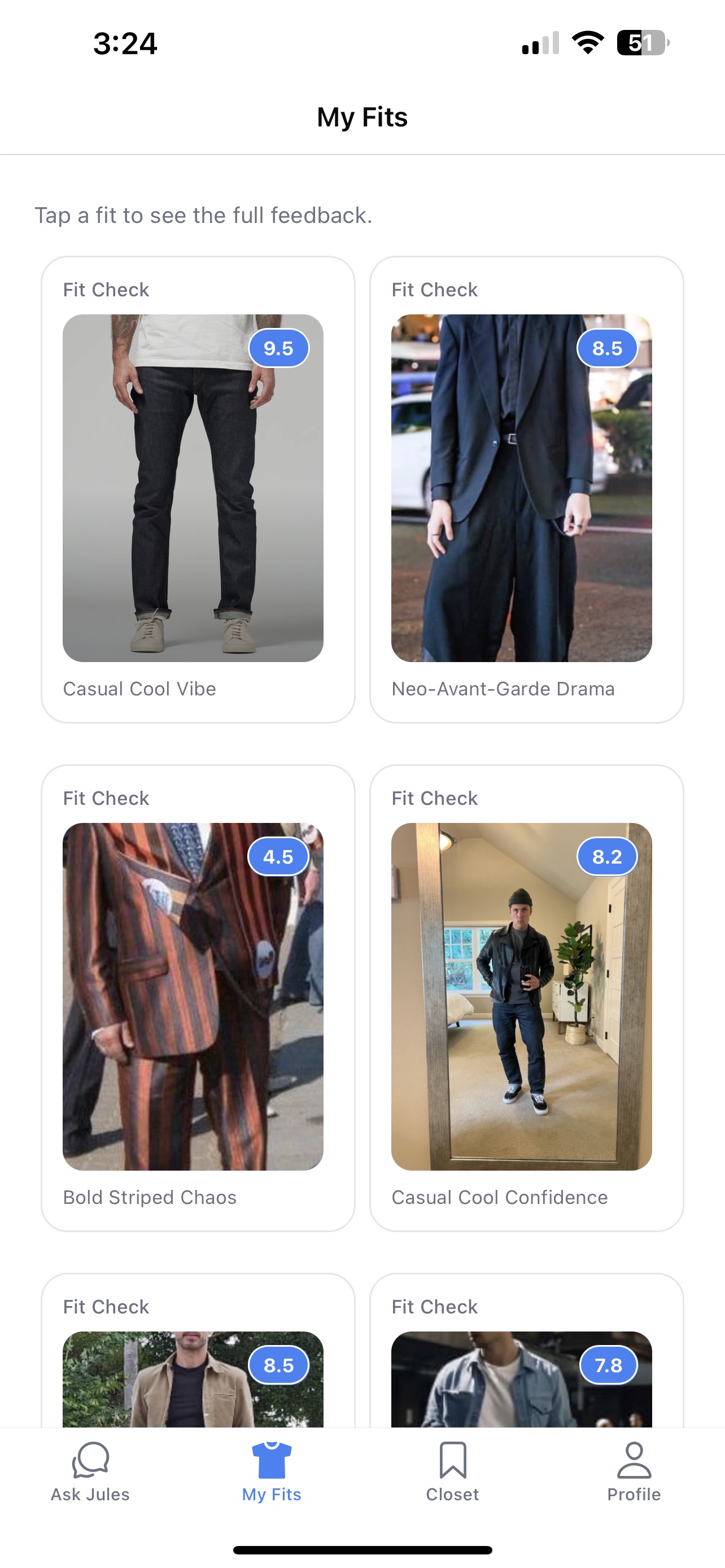 Saved fits screen showing outfit history